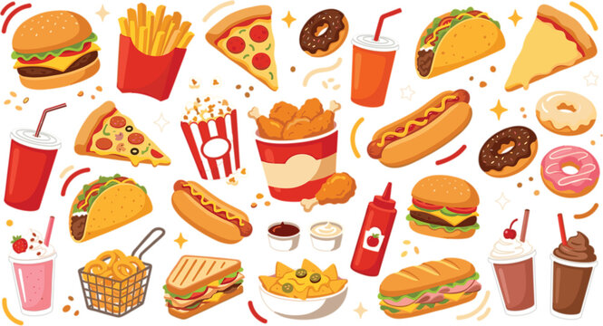 Fast Food Cartoon Illustration Collection with Burgers, Pizza, Tacos, Hotdogs, Fries, Donuts, and Snack Elements for Menu Design