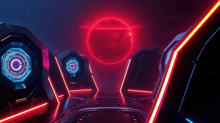 Fototapeta premium Futuristic tunnel glows with vibrant neon lights. Red, blue hues create dramatic perspective, digital aesthetic.