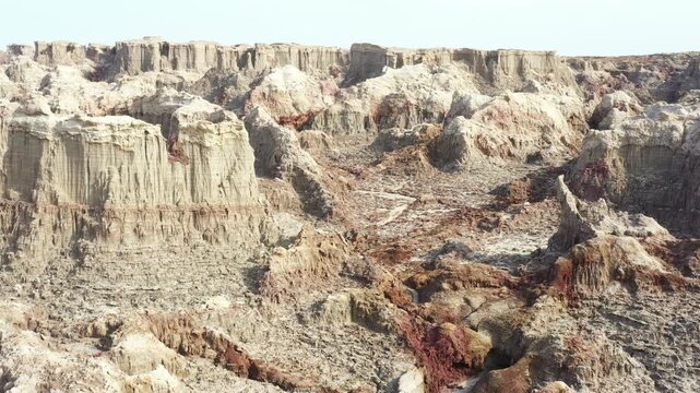 Aerial view of the unique rock formations and eroded canyons in the Danakil Desert Dalol, Afar, Ethiopia.