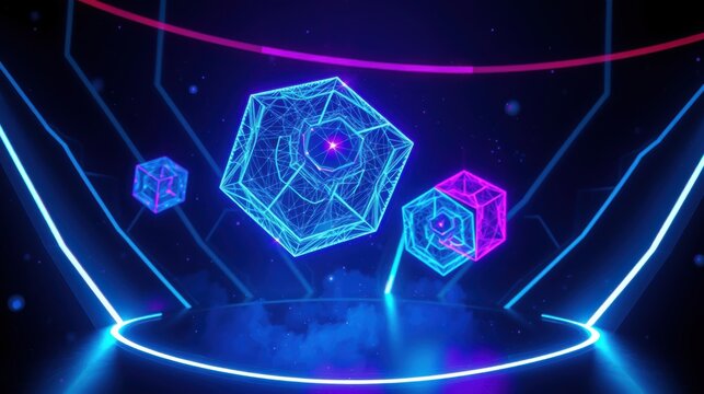 Neon geometric shapes float above circular platform. Futuristic design features vibrant blue, pink lighting, dark background.