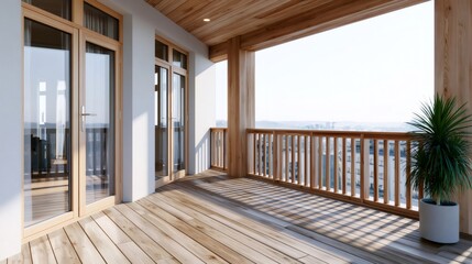 Naklejka premium Modern wooden balcony with expansive city view