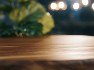 Fototapeta premium Close-up of a warm, rustic wooden tabletop surface with a blurred green plant and bokeh lights in the background