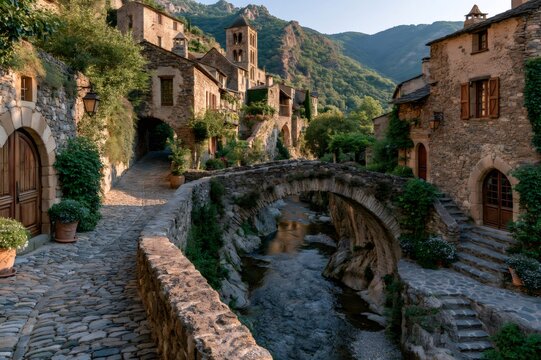 Conques medieval village stone bridge over Dourdou river