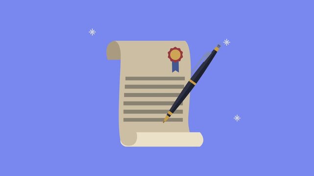 Animated diploma scroll with quill pen and red seal motion graphics.