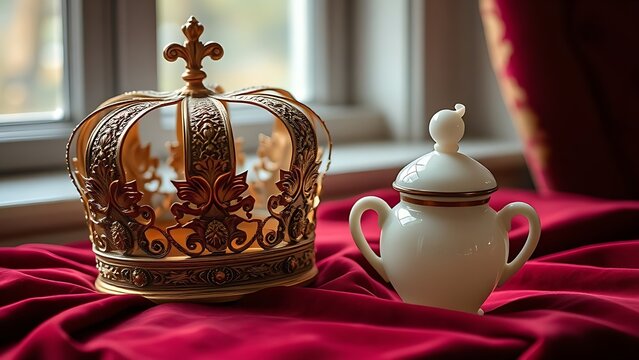 Antique golden crown next to an open alabaster jar on rich velvet cloth.