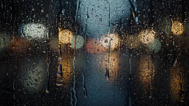 Rain-covered glass window with blurred city lights and bokeh reflections on wet surface, moody nighttime urban scene