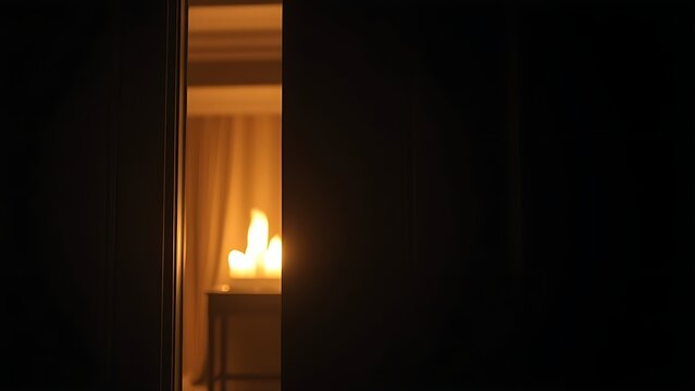 A heavy wooden door slightly ajar with warm firelight visible, moody atmosphere.