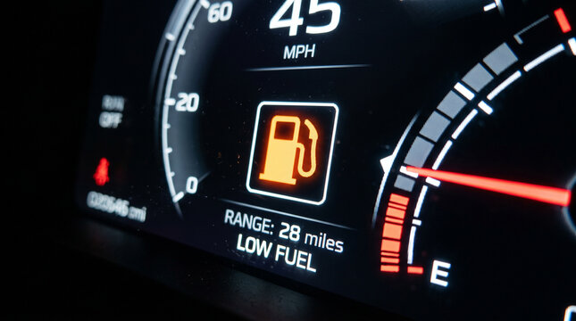 Closeup of a cars dashboard showing low fuel warning on the gauge cluster at 45 miles per hour