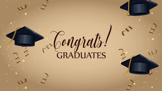 Graduation hats falling and confetti animation with text congrats graduates.