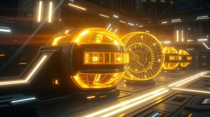 Fototapeta premium Futuristic corridor features glowing spherical devices. Bright orange illumination dominates dark metallic interior. Complex network lines walls.