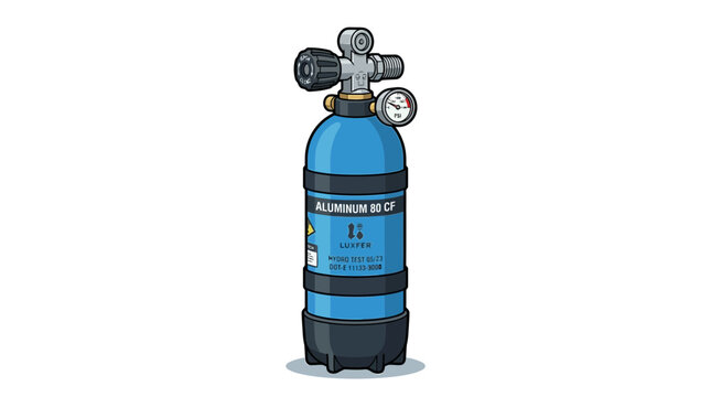 Blue scuba diving tank with pressure gauge and regulator, isolated on white background.