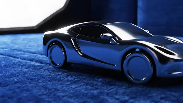 Sleek toy sports car model on a textured deep-blue surface, dramatic lighting with reflections and soft shadows, modern minimalist composition
