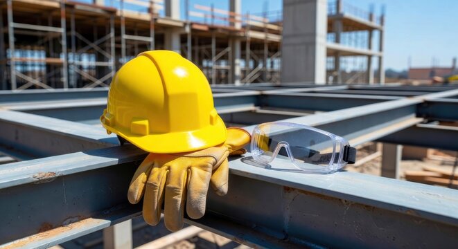 Personal protective equipment (PPE) consisting of a yellow hard hat, work gloves, and safety glasses placed on metal beams at a busy construction site on a bright day.