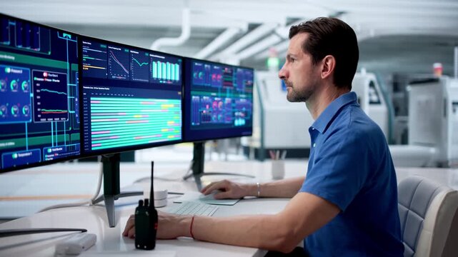 Experienced Engineer Monitors Modern SCADA System