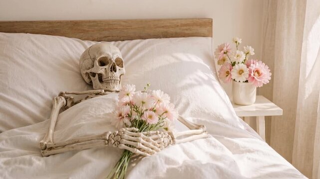 Spooky skeleton in bed holding flowers, a macabre yet whimsical scene. A skeletal figure rests in a bed adorned with delicate flowers