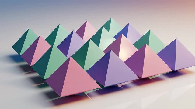 Row of pastel-colored paper pyramids arranged in a grid, soft lighting and subtle shadows, modern minimalist composition.