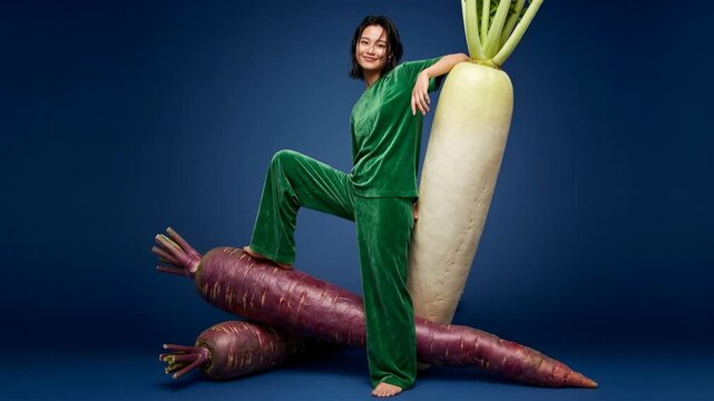Woman in green velvet outfit posing with giant daikon and purple carrots. A young woman in a luxurious green velvet tracksuit leans against a massive daikon radish
