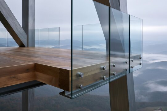 Modern architecture viewing foggy mountains from wooden deck