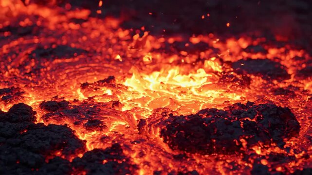 Molten lava flows around dark rock, glowing orange and red, with bright sparks flying amidst the intense heat