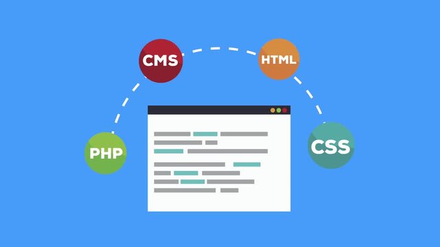 Flat animation of web development process with programming languages icons and browser window on blue background.
