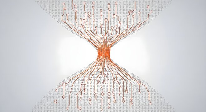 Abstract Digital Data Flow Forming Hourglass Shape with Orange Connections and Binary Code on Light Background