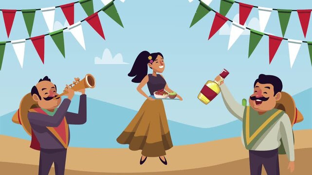 Mexican celebration animation with people dancing and playing music in desert landscape with festive garlands.