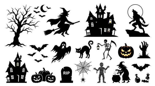 Halloween Silhouettes Collection Spooky Icons Set.