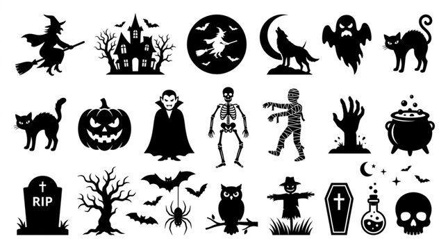 Halloween Silhouettes Collection Spooky Icons Set.