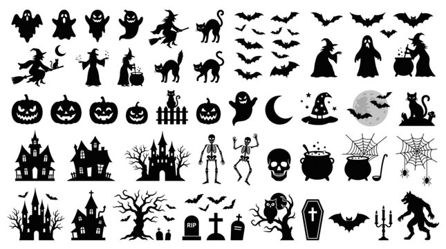 Halloween Silhouettes Collection Spooky Icons Set.
