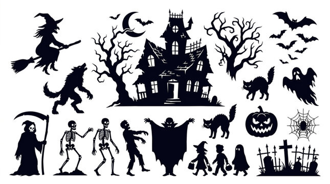 Halloween Silhouettes Collection Spooky Night Creatures and Haunted House.