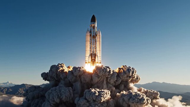 Rocket launch with smoke and mountains perfect for scenic backgrounds and natural storytelling