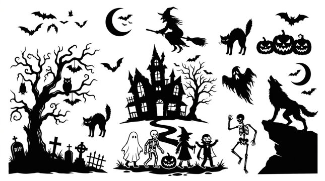 Halloween Silhouettes Collection Spooky Night Elements.