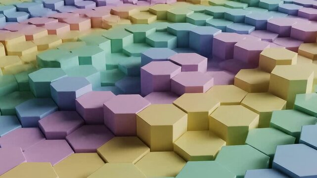 Pastel-colored 3d hexagonal tiles forming a wavy, layered surface with soft lighting and subtle shadows