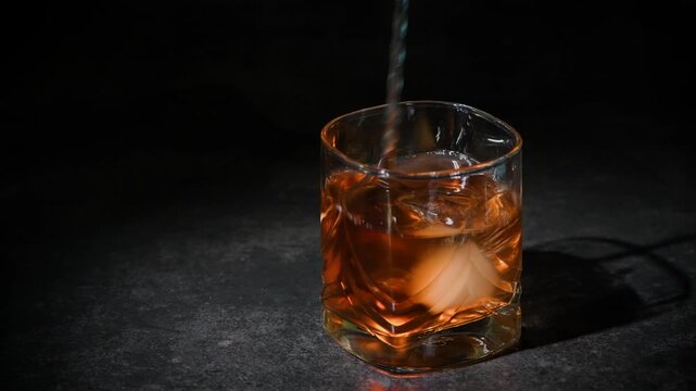 Bartender stirring cocktail ingredients in a whiskey glass filled with ice in an extreme close-up shot against a dark background  