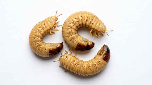 Three tan colored beetle larvae with brown heads on a white surface