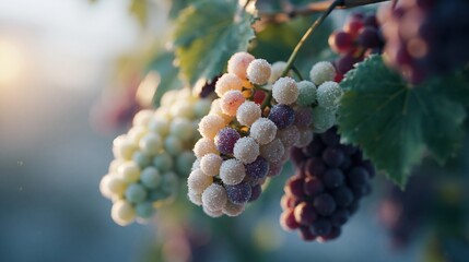 Obraz premium Close-up of ripening grapes on the vine in soft morning sunlight, ready for harvest