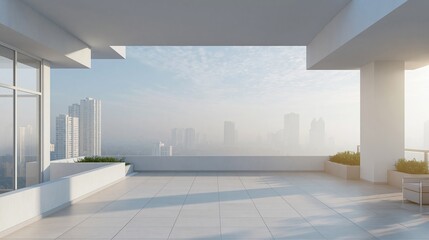 Naklejka premium Modern white balcony with city skyline view at sunrise, urban architecture and outdoor space