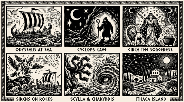 Black and white of mythological scenes from odyssey, cyclops cave, and scylla charybdis mythology