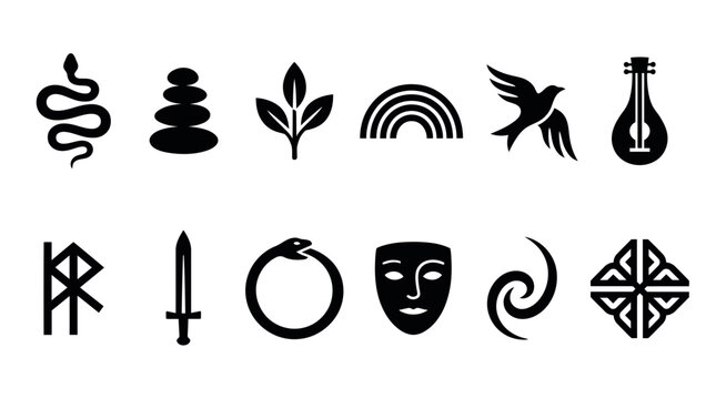 Black and white collection of miscellaneous including plant, tools, and symbols leaf watering