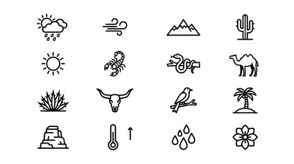 Collection of black line symbols for camping, hiking, and outdoor activities backpack tent campfire © AbdullahAl
