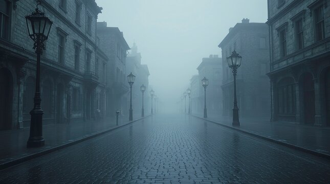Foggy Victorian-era street at dawn empty wet cobblestone road stretching into the distance, symmetrical old stone buildings on both sides, AI Generative