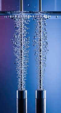 Close-up of metal electrodes in a clear electrolysis cell generating streams of hydrogen and oxygen gas bubbles for green energy research, clean, green, production