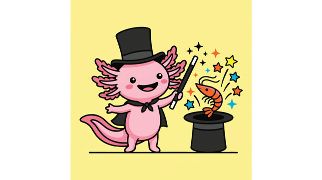 Adorable cartoon dragon performing magic with a top hat and wand, surrounded by colorful stars and sparkles, on a plain background.