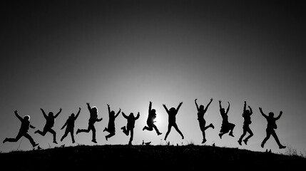 Obraz premium Joyful Silhouettes of Diverse Group Jumping with Arms Raised in Celebration Against a Bright Sky