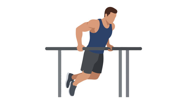 Male athlete doing dips on parallel bars, demonstrating upper body strength and fitness training in a gym setting.