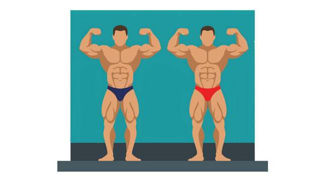 Two muscular male bodybuilders posing and flexing their biceps on a plain background, showcasing strength and physique.