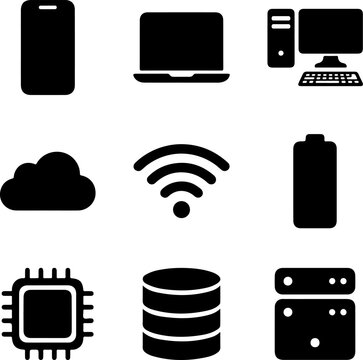 Technology and computer hardware solid icon set with smartphone laptop desktop pc cloud server wifi signal battery microchip and database