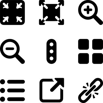 Web navigation and zoom control glyph icon set with minimize maximize zoom in zoom out more options grid layout list view external link and chain link