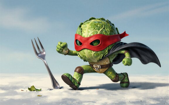 Cabbage ninja superhero charges forward with a fork ready for battle.