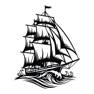 Vintage tall ship on ocean waves with full sails an ancient vessel vector illustration.